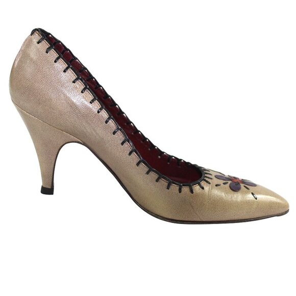 Prada Vintage Floral Appliqué Taupe Purple Detailing Slip-On Heel Size 37 (US 6) - Picture 4 of 12